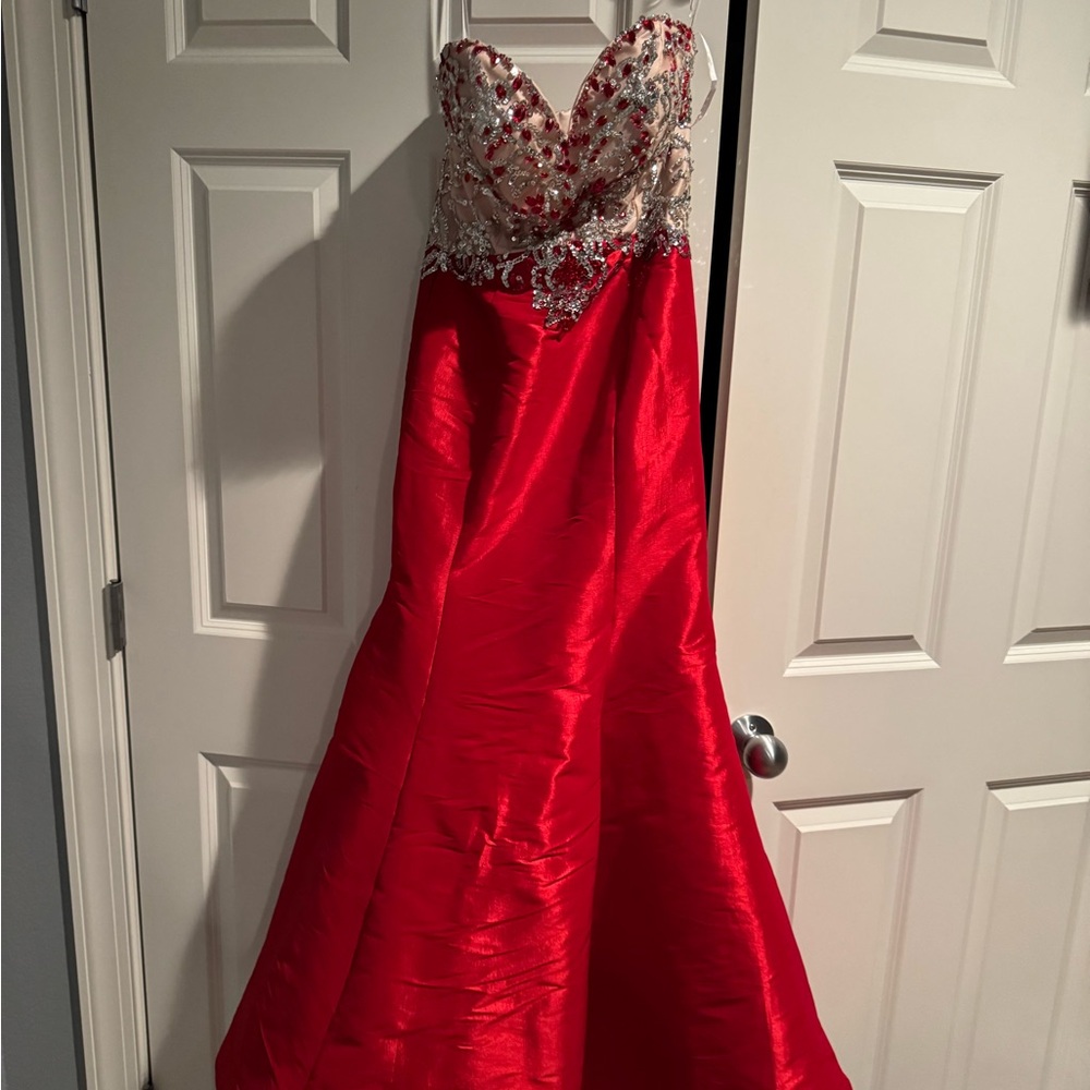 Red Strapless Gown with Embellished Bodice